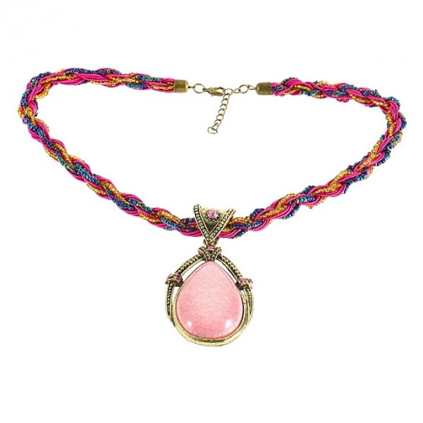 Crystal Alloy Rhinestones Retro Bohemia Beaded Pendant Necklace Jewerly-pink