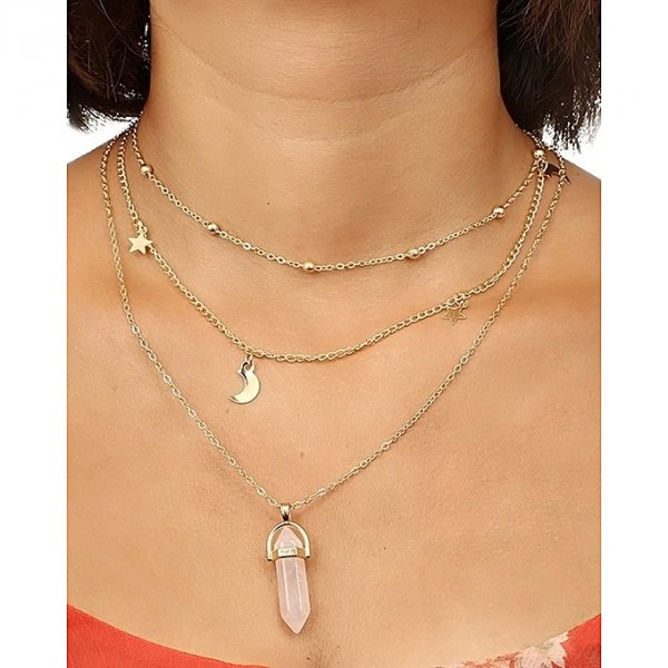 Stylish Moon Star Crystal Pendant Multi-layered Necklace